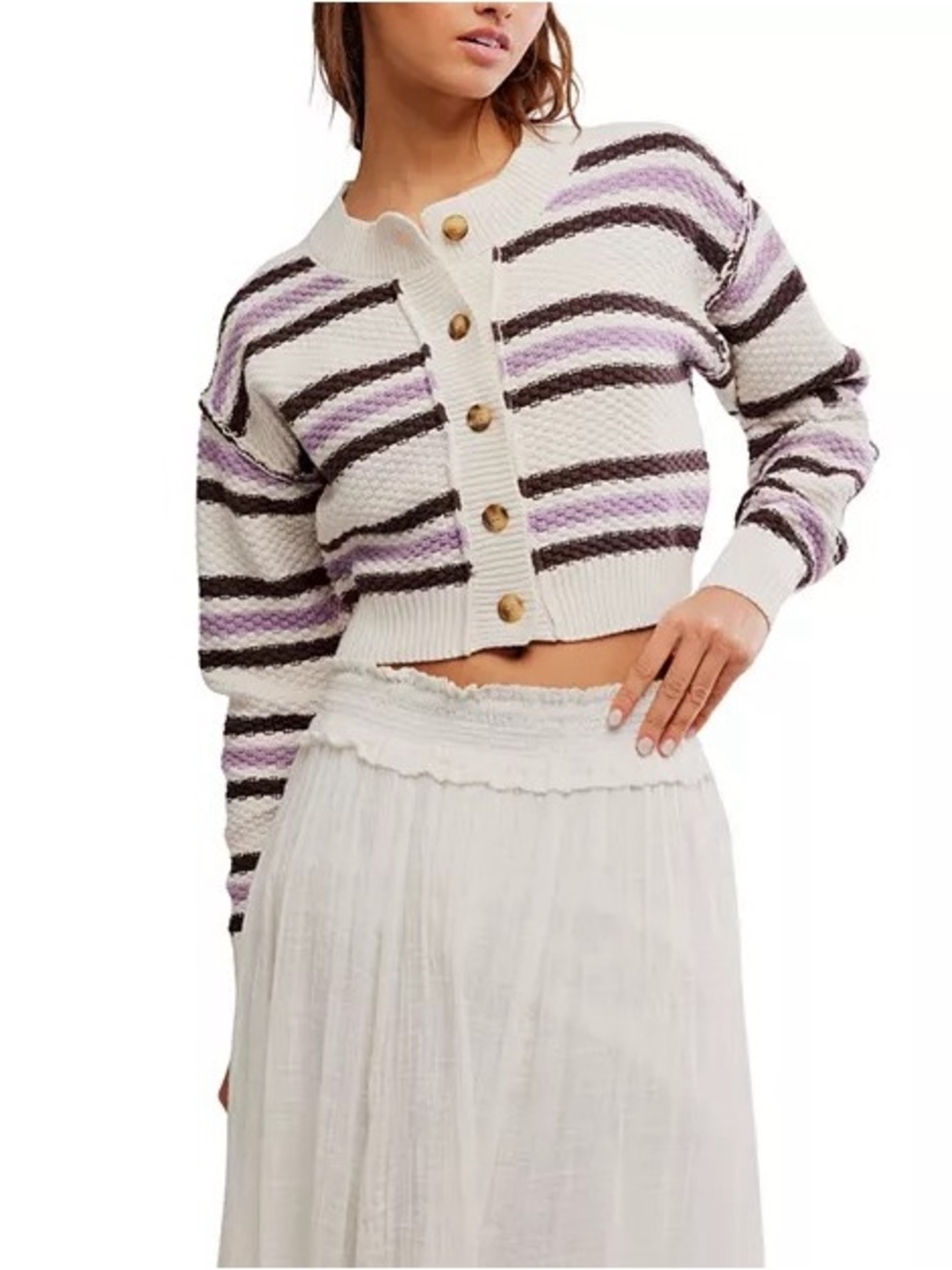 Free People Lila Cardigan large women’s sweater chunky knit striped top boho